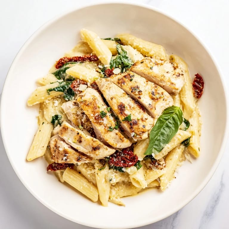 The finished Creamy Tuscan chicken pasta is a warm, inviting bowl with a sprinkle of fresh herbs.
