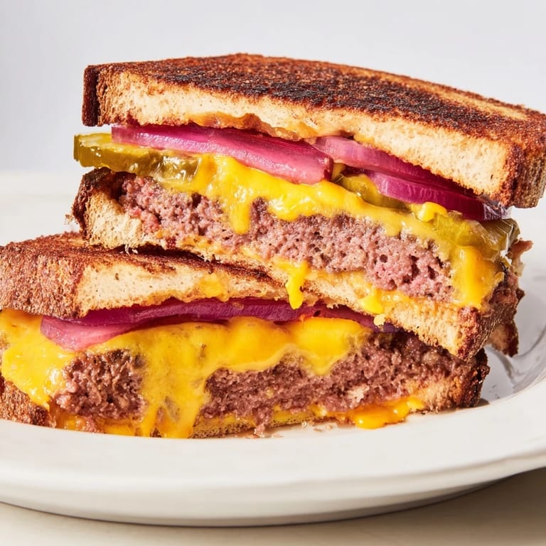 Golden-brown bread encases a flavorful smashed burger grilled cheese with oozing cheese and pickles.