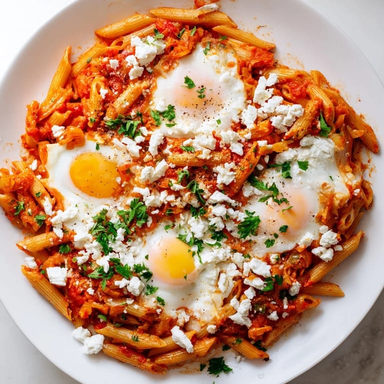 Enjoy creamy Quick Shakshuka Pasta featuring perfectly cooked eggs nestled in a rich, flavorful tomato sauce.