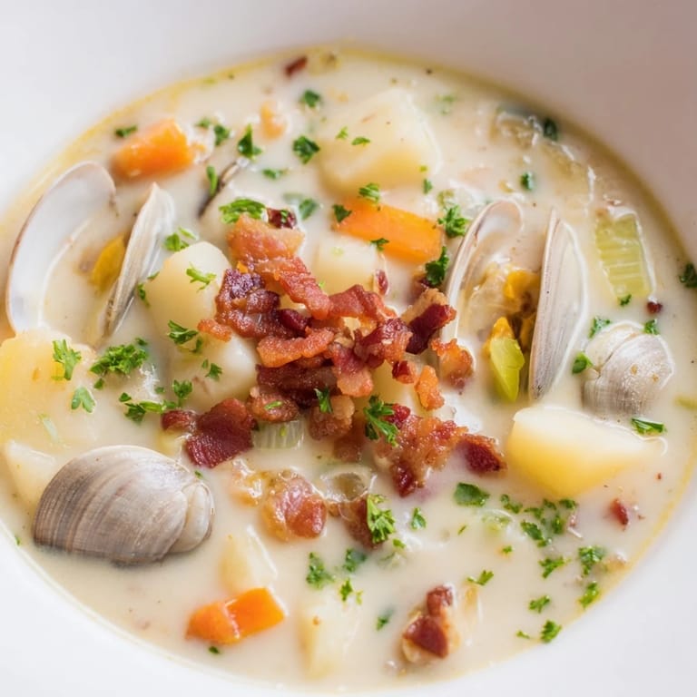 A savory spoonful showcases the rich, clam-filled texture of this classic New England Clam Chowder.