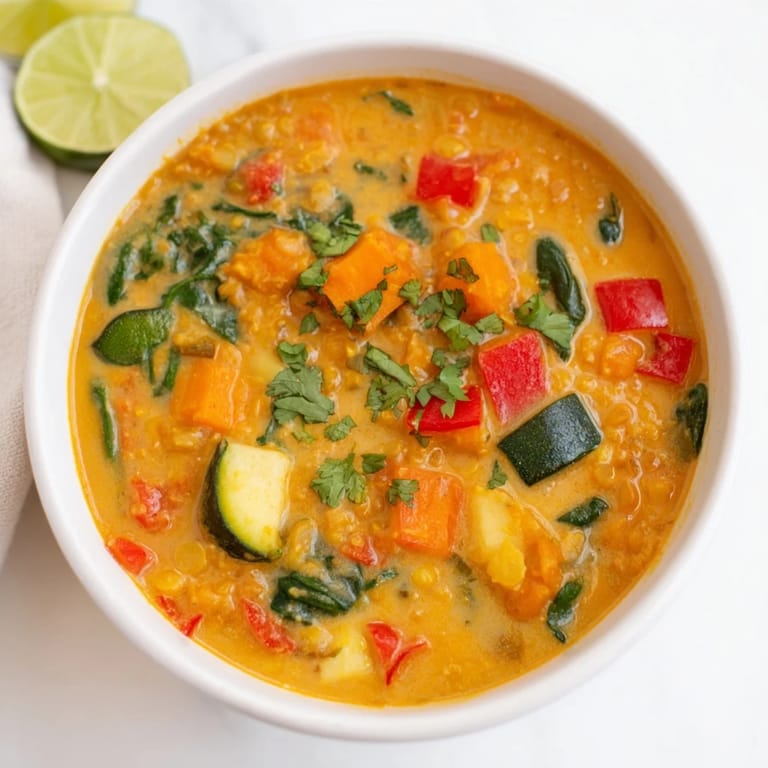 Hearty Lentil Red Curry Soup, rich with vegetables, offering a comforting and flavorful vegan dinner option.