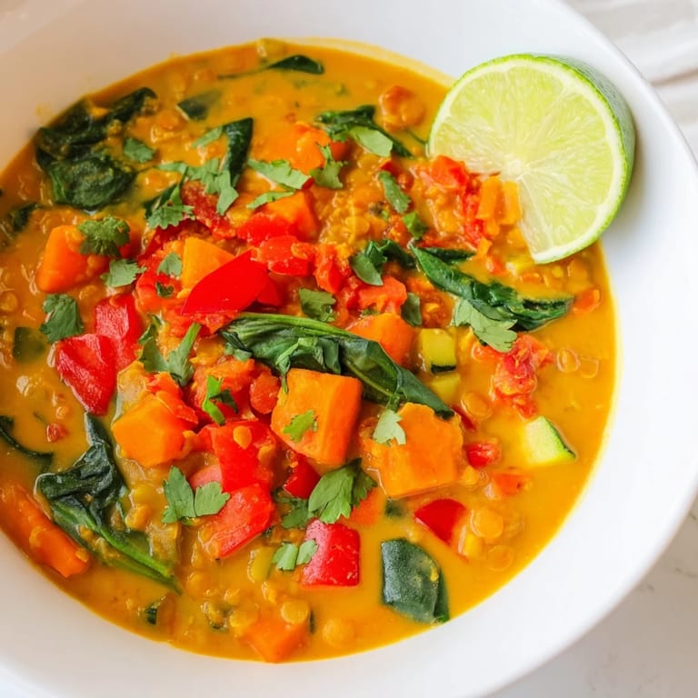 A close-up shot of the vibrant red Lentil Red Curry Soup with creamy coconut milk and fresh lime.