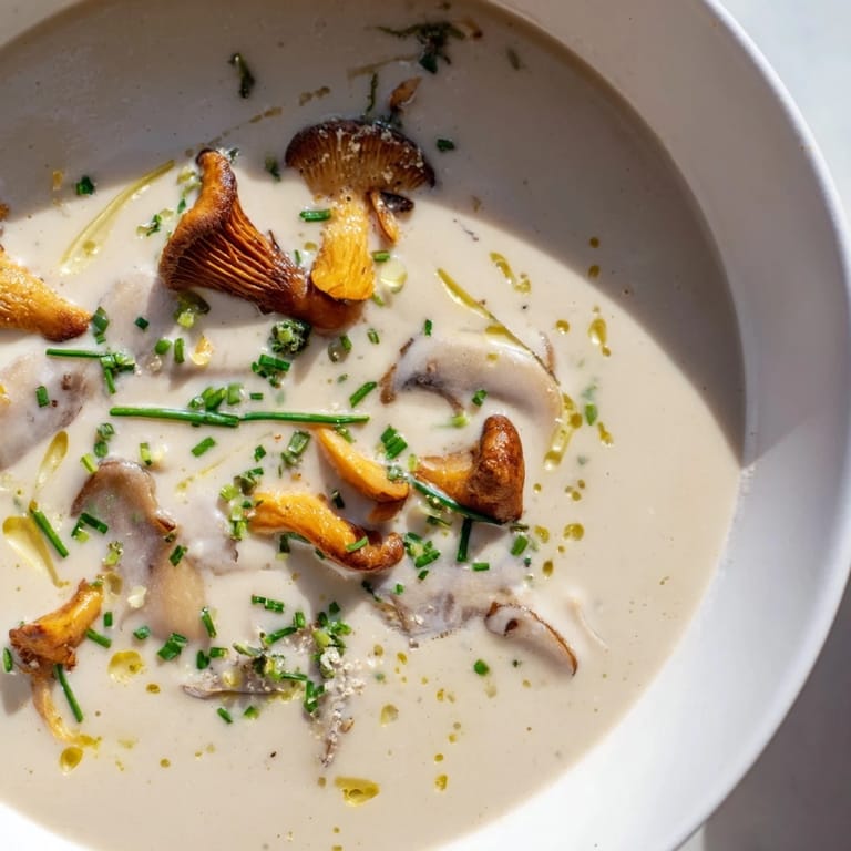 Warm bowl of creamy mushroom bisque, perfect for a cozy evening, with hints of truffle.