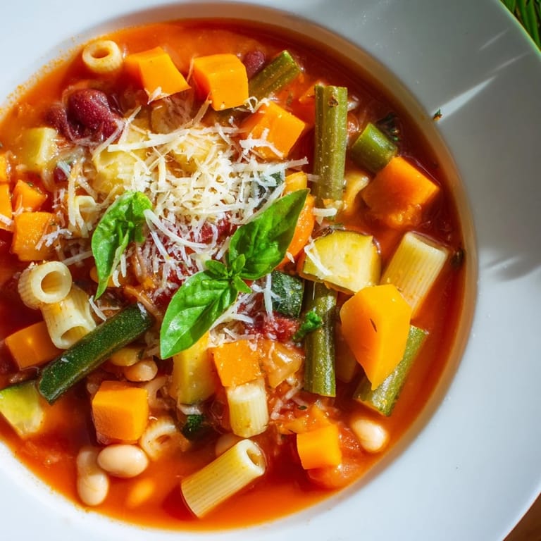 A close-up of Tomato Basil Minestrone: vibrant red broth with visible pasta and herbs.