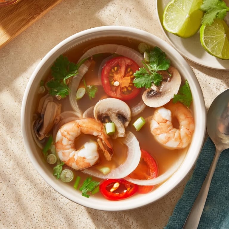 Bright red and flavorful Spicy Tom Yum Soup, with perfectly cooked shrimp and vibrant tomato wedges.