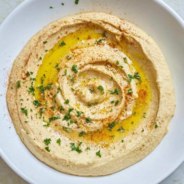 A beautiful close-up of the smooth Levantine hummus, ready to scoop with warm pita bread for dipping enjoyment.