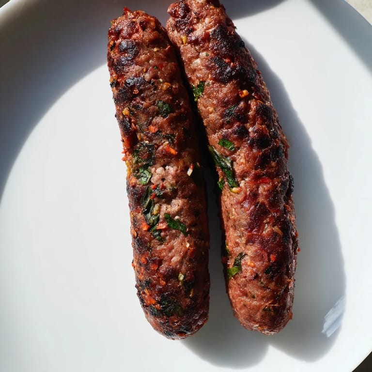 Deliciously browned, freshly grilled Tunisian Merguez sausage, ready to be served with couscous or bread.