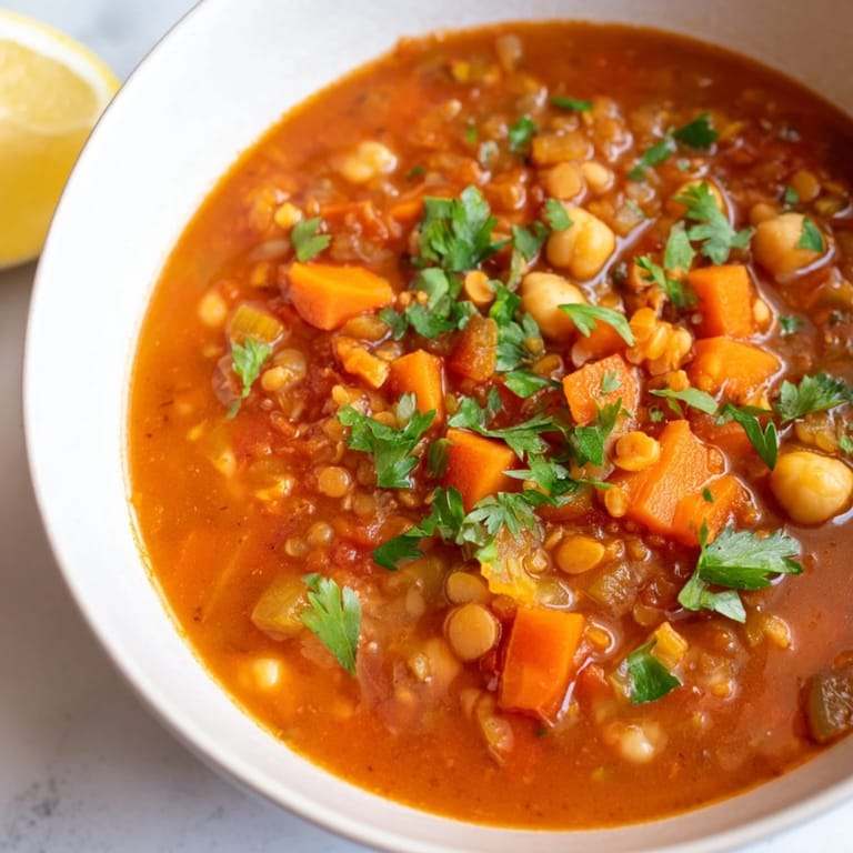 A close-up of the flavorful North African Harira soup, showing the depth of the tomato and spice base.