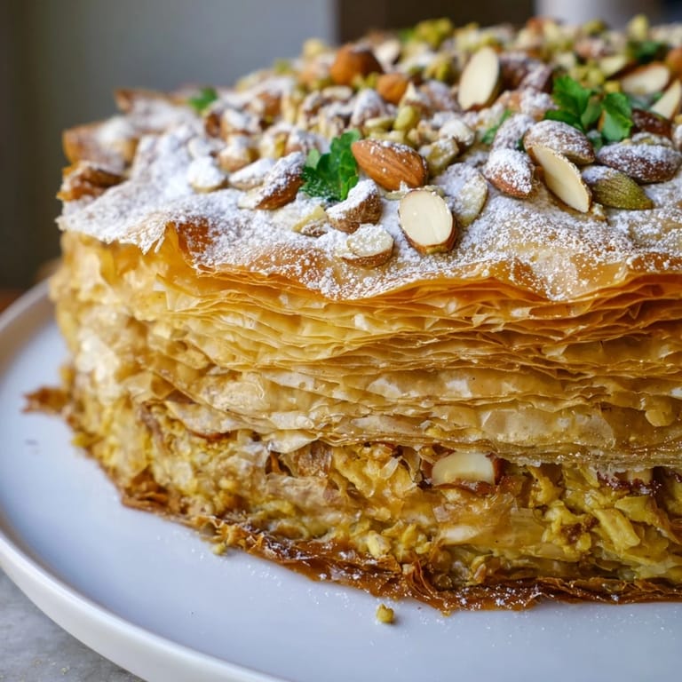 Close-up of a flaky, layered Moroccan Pastilla Pie, revealing spiced meat filling with flaky crust.