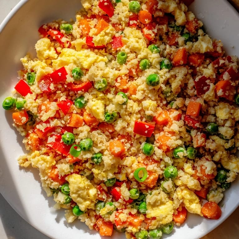 Close-up of savory cauliflower fried rice, featuring tender riced cauliflower and vibrant diced carrots and peas.