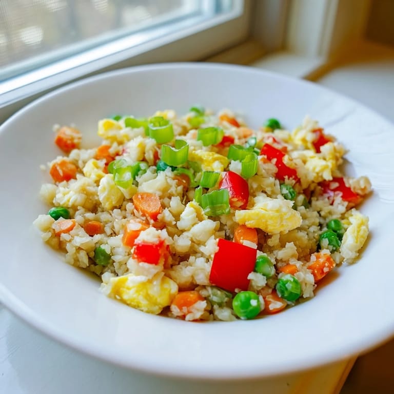 A serving of cauliflower fried rice garnished with fresh green onions, ready to be enjoyed.
