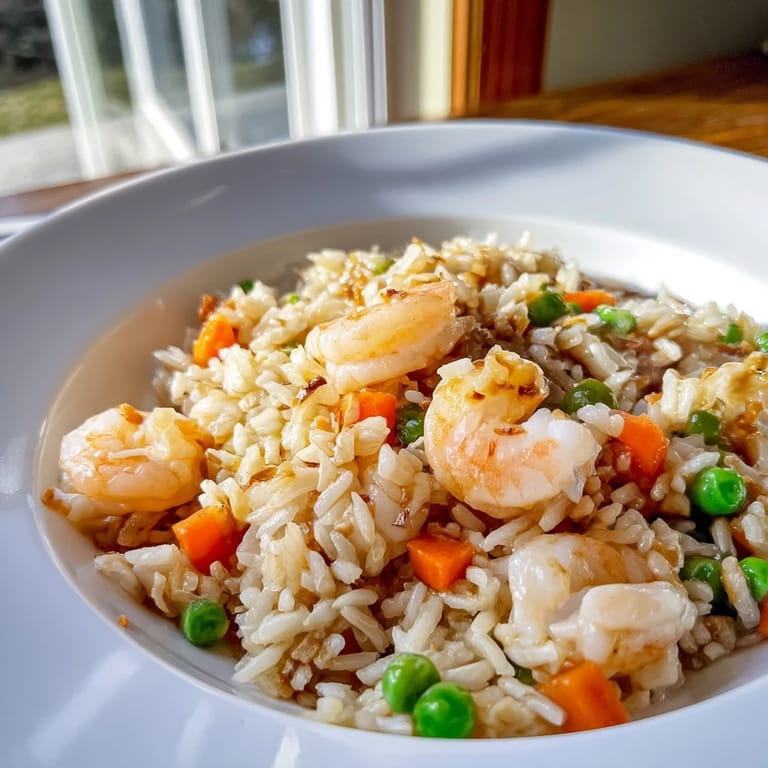 Golden Shrimp Garlic Fried Rice garnished with fresh spring onions, capturing the savory essence of this easy Asian fusion meal.