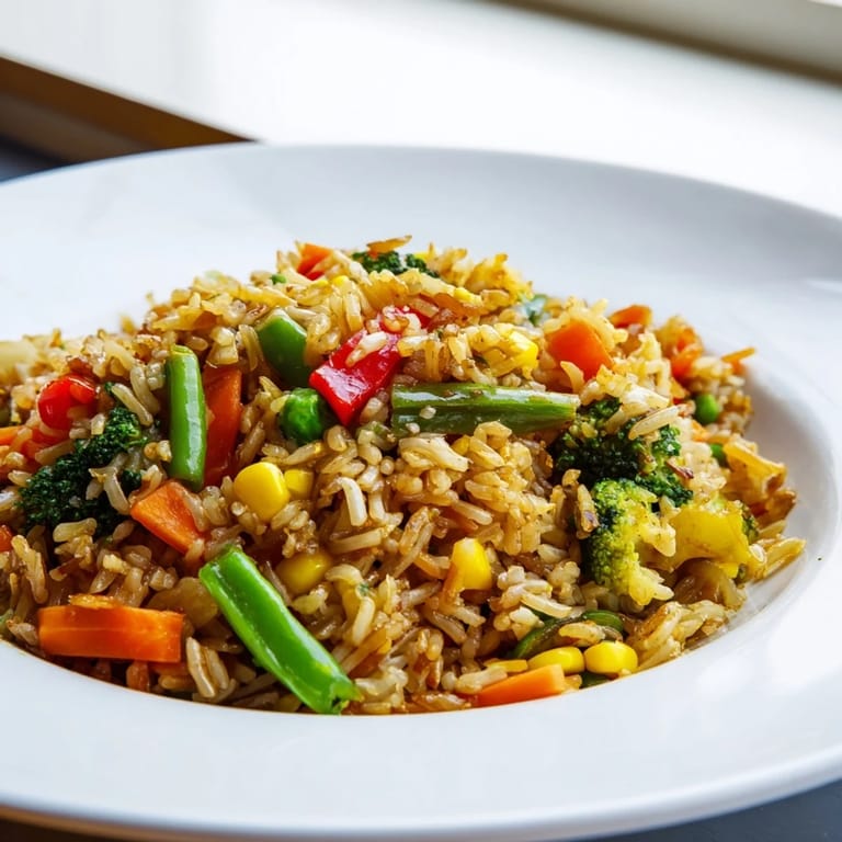Close-up view of Vegetable Fried Rice, showcasing fluffy grains mixed with crisp broccoli, corn, and tender green beans.
