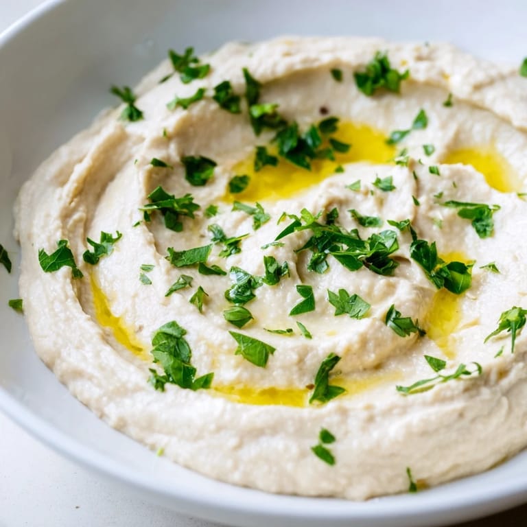 Garlicky white bean dip with a velvety texture, a swirl of extra-virgin olive oil, and a sprinkle of paprika alongside pita chips.