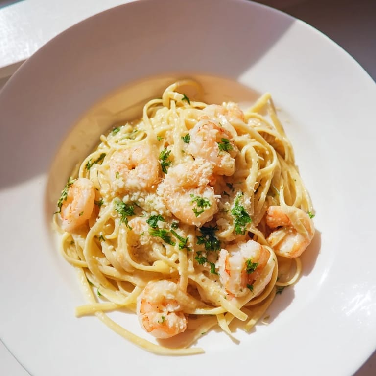 Tossed Creamy Garlic Shrimp Pasta features plump shrimp, fresh parsley, and garlic cream sauce on linguine.