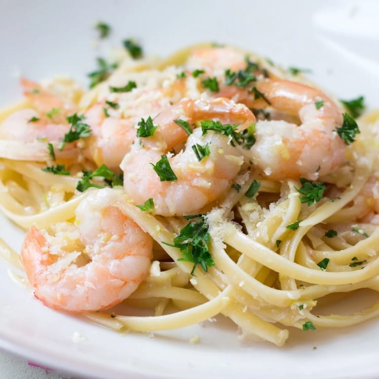Steaming Creamy Garlic Shrimp Pasta is plated next to a glass of white wine and lemon wedges.