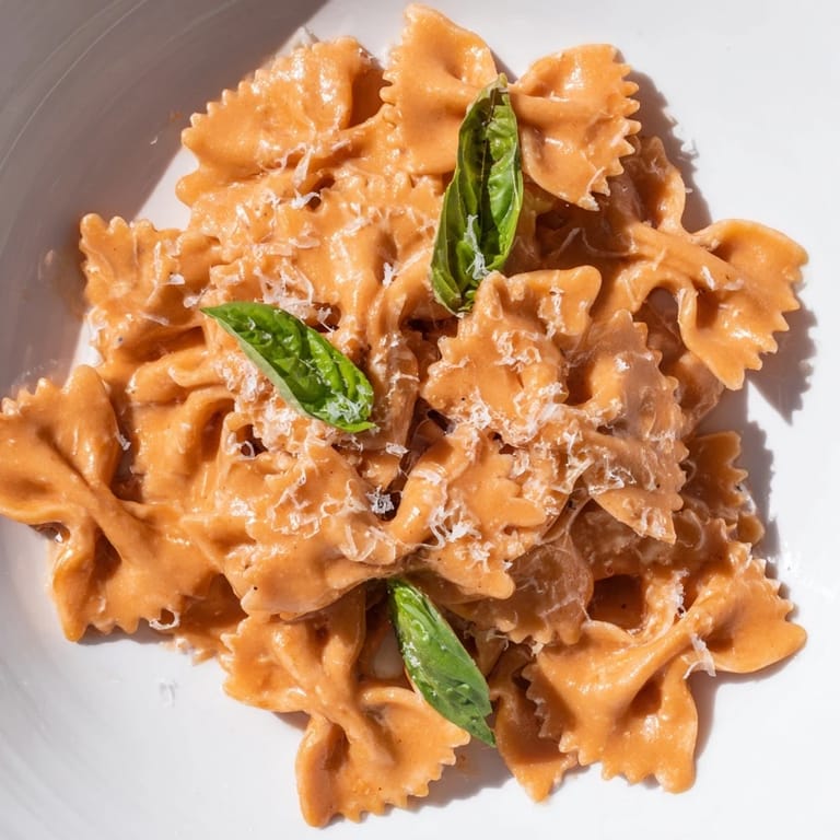 Hearty bowl of tomato basil bowtie pasta steaming with rich tomato cream sauce, served with a side salad for a complete vegetarian meal.