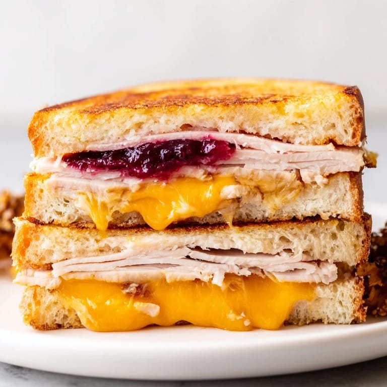 Smoked Turkey Grilled Cheese sandwich sliced diagonally, revealing layers of melted cheese and savory turkey.