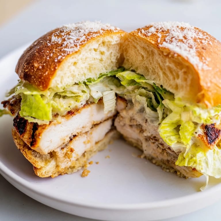 The Caesar Chicken Sandwich features juicy, garlic-seasoned chicken with fresh lettuce and shaved Parmesan on a buttery bun.  