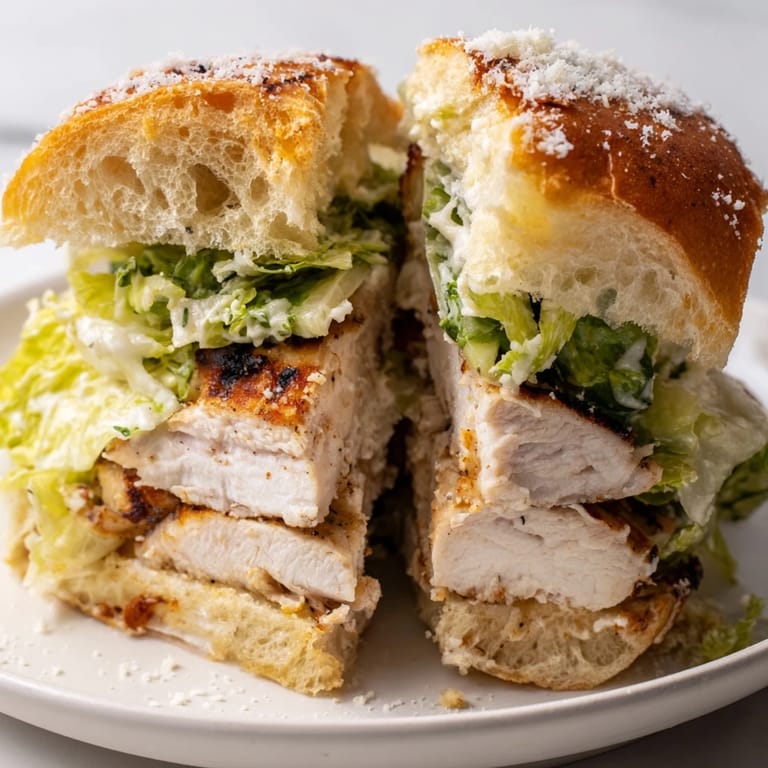 A close-up view of the Caesar Chicken Sandwich with juicy grilled chicken and creamy dressing dripping onto the plate.
