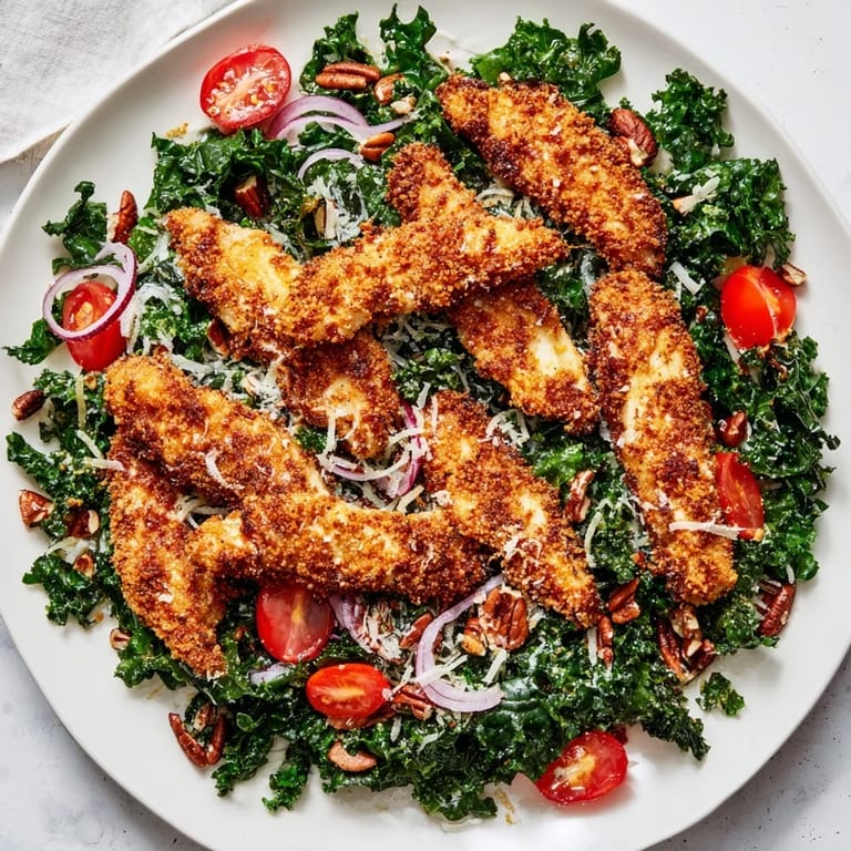 Served on a white plate, this hearty salad features golden-brown panko-crusted chicken and vibrant greens tossed in a tangy maple-Dijon dressing.  