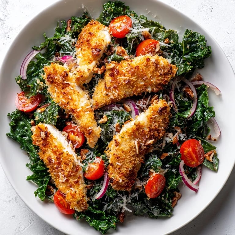 A close-up of the Crispy Chicken Kale Salad shows crispy chicken, toasted pecans, and Parmesan shavings nestled among fresh kale leaves.