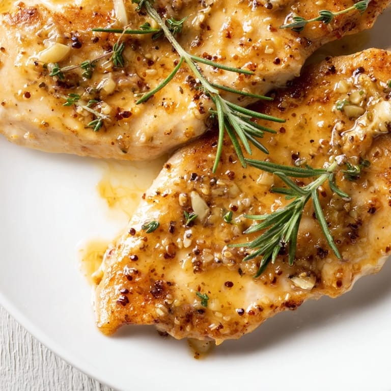 Honey Dijon Chicken Skillet served over creamy mashed potatoes with a sprinkle of bright green parsley garnish.  