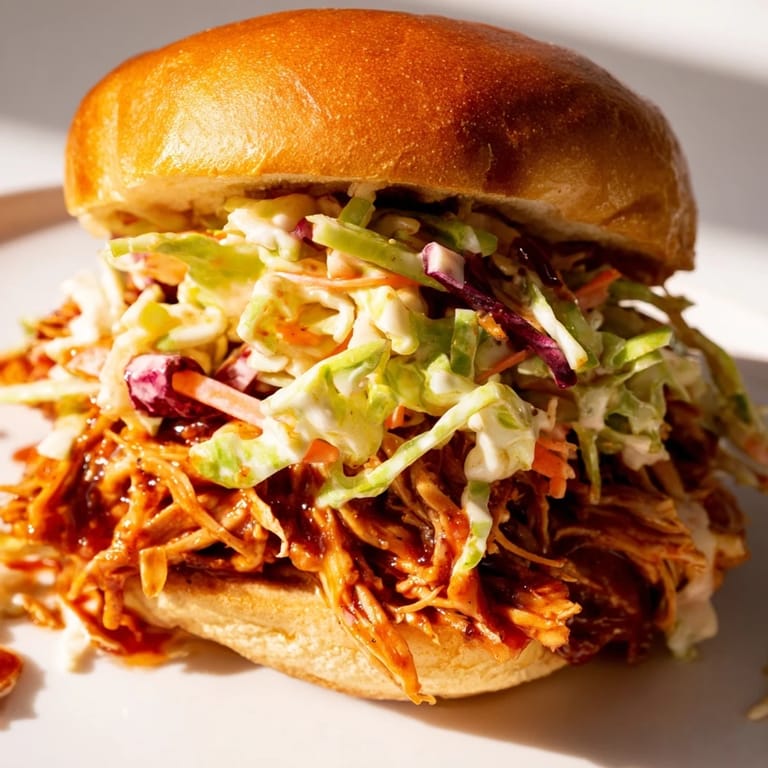 Soft brioche bun overflowing with saucy pulled barbecue chicken and a generous heap of tangy, crisp vegetable slaw for a classic comfort meal.