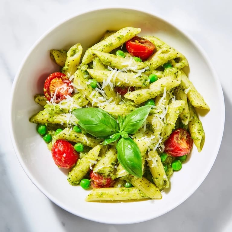 Serving suggestion for Green Pesto Pasta Salad, garnished with fresh basil leaves and grated Parmesan cheese on a rustic table.