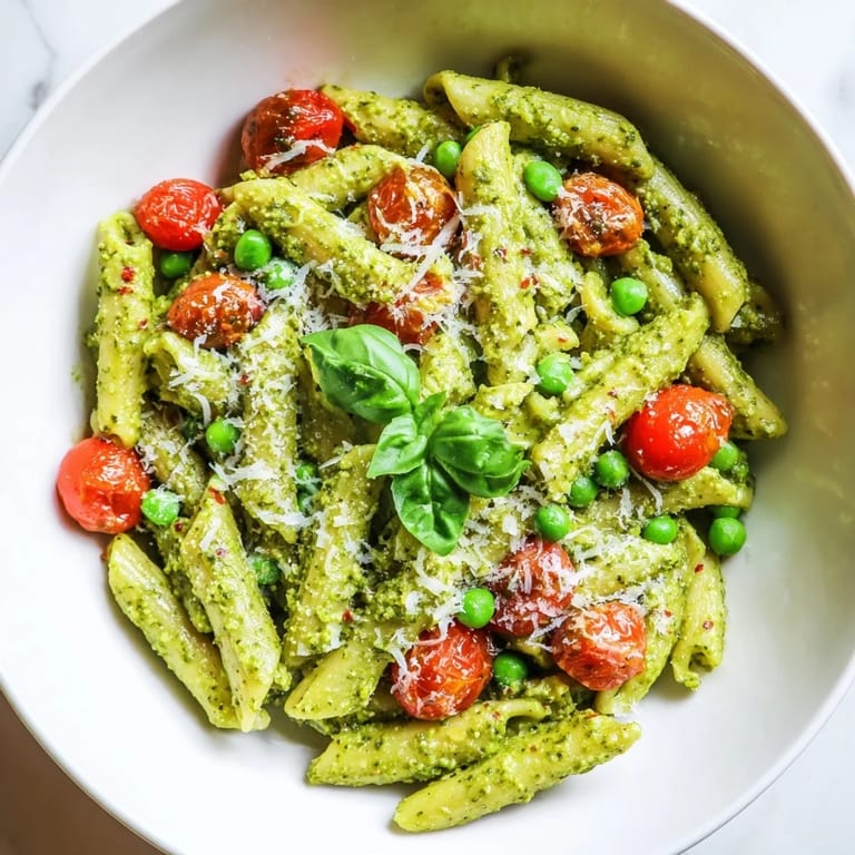 Close-up of vibrant Green Pesto Pasta Salad featuring juicy cherry tomatoes and peas mixed into a bright, aromatic basil pesto.