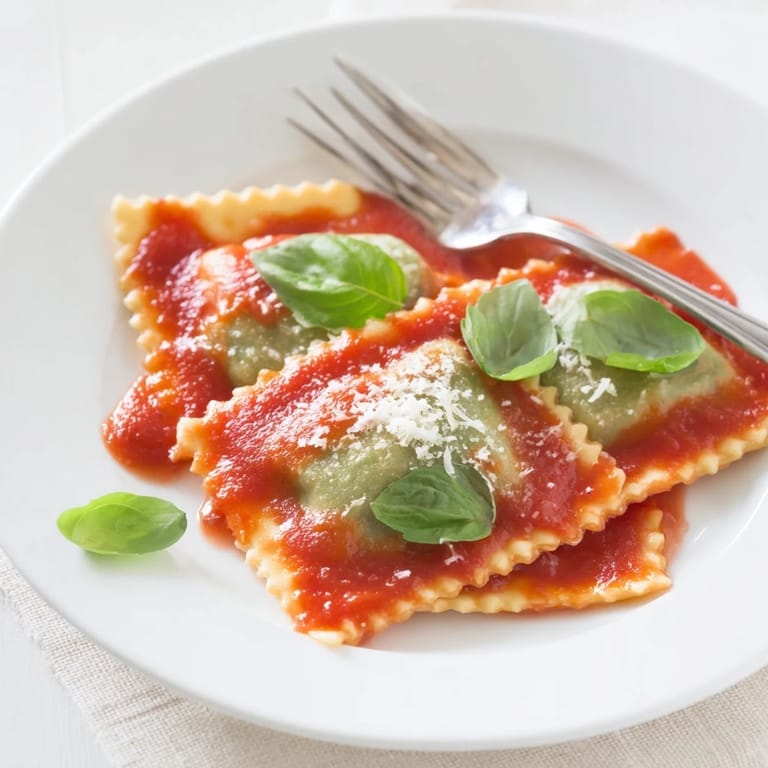 Plated spinach ricotta ravioli with rich marinara, perfect for a comforting vegetarian meal.