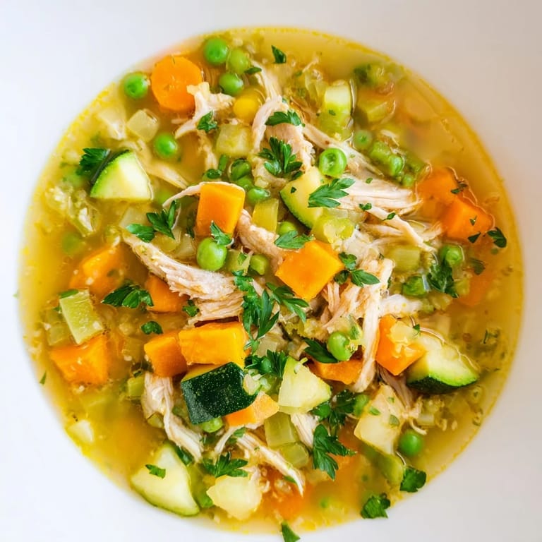 Bright Spring Garden Chicken Soup pairs with crusty bread, showcasing vibrant vegetables and aromatic thyme for a comforting meal.