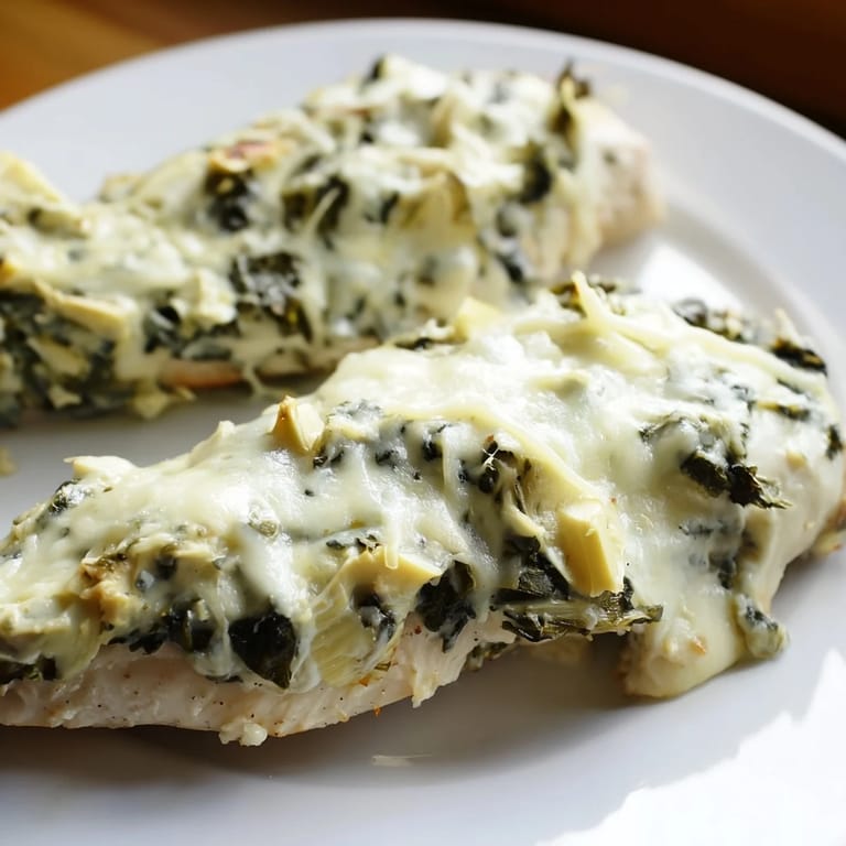 Savory Spinach & Artichoke Chicken Bake garnished with fresh herbs, ready to serve for a weeknight family dinner.