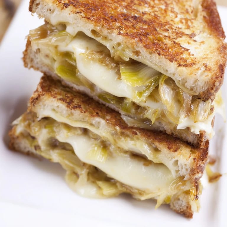 A close-up view shows the gooey cheese pull in a Havarti & Caramelized Leek Grilled Cheese on a plate.