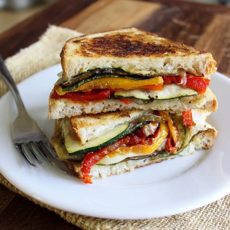 A close-up of the Roasted Veggie Caprese Grilled Cheese, highlighting the melted mozzarella and vibrant roasted vegetables between buttery toasted bread.