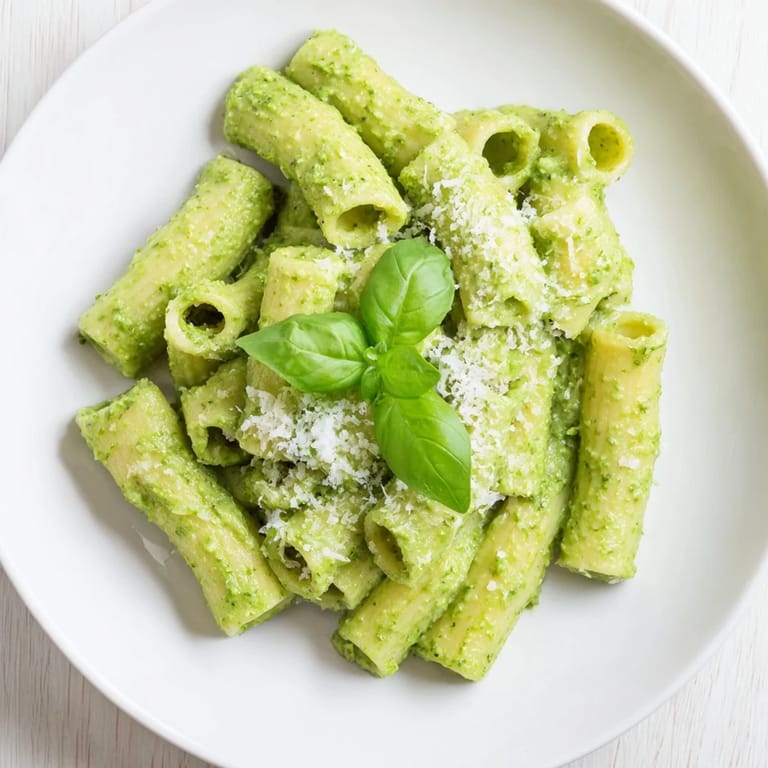 A white bowl filled with warm Creamy Avocado Pesto Mac, featuring a luscious avocado pesto sauce and lemon zest.
