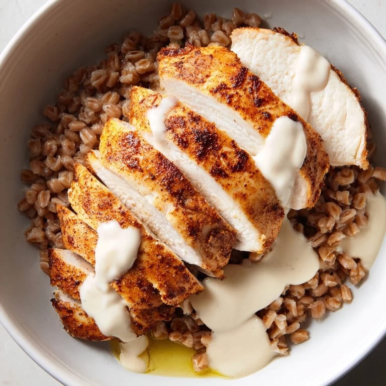 Colorful Lemon Tahini Chicken Power Bowl ingredients are artfully arranged on a marble surface, featuring vibrant tomatoes, cucumber, and a rich drizzle of tangy sauce.