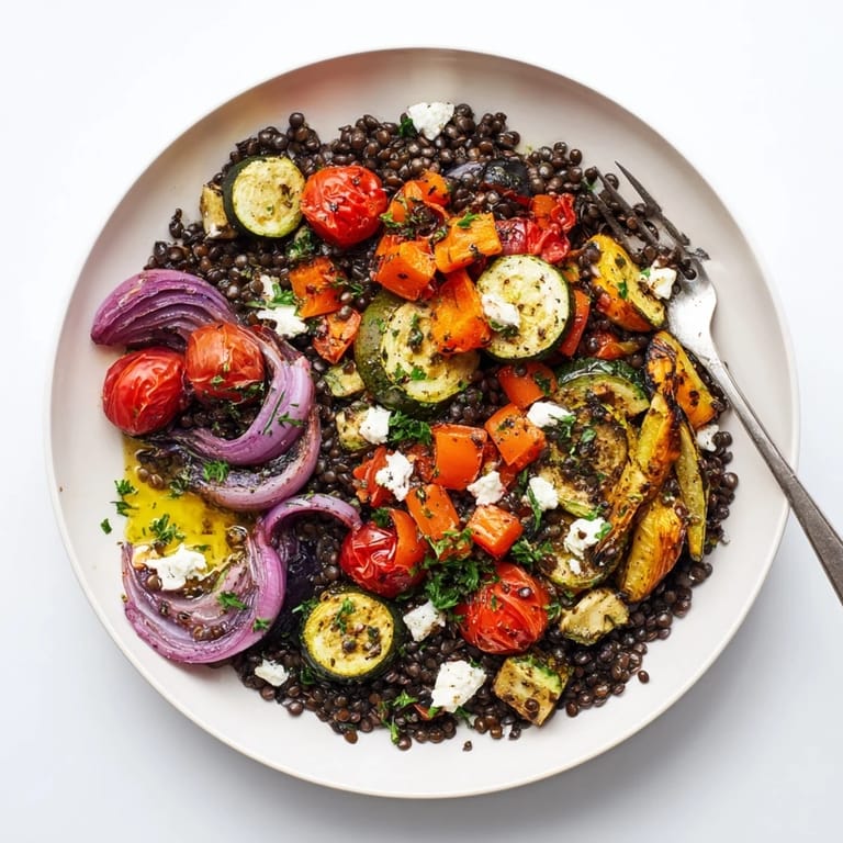 A healthy Black Lentil Salad with Roasted Vegetables served in a white bowl, garnished with fresh parsley and crumbled feta cheese.