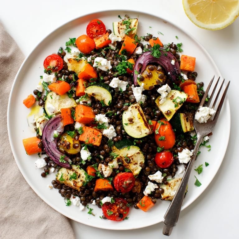 Black Lentil Salad with Roasted Vegetables on a rustic wooden table, showcasing tender lentils and colorful vegetables drizzled with lemon dressing.