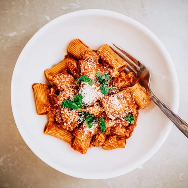 Tender chunks of chicken nestle among pasta and a chunky red sauce, highlighting the aromatic basil in this easy homemade dish.