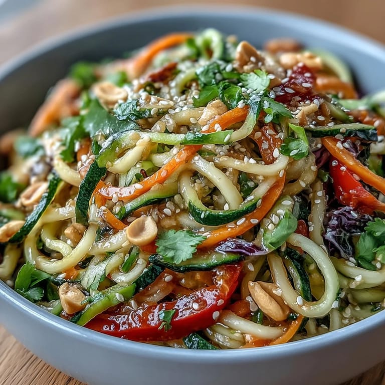 Colorful spiralized cucumber and zucchini noodles in a tangy sesame dressing, topped with peanuts and fresh cilantro.