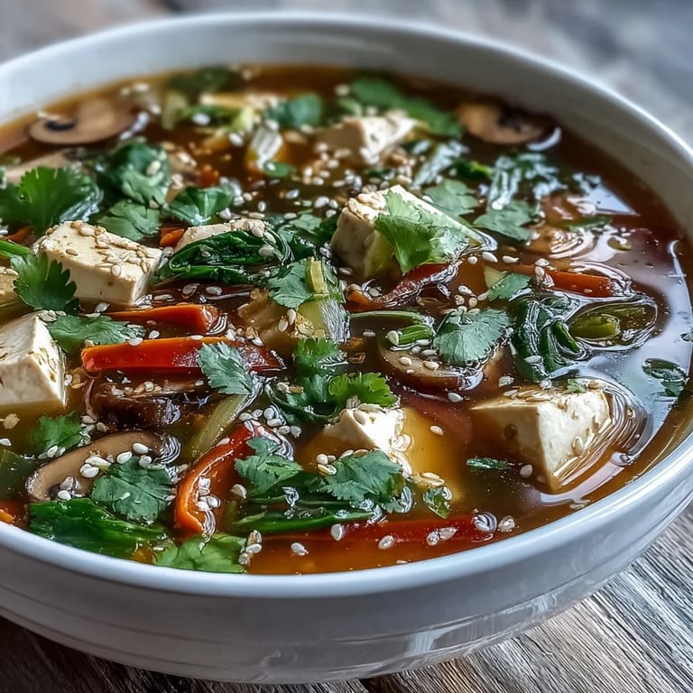 Tofu and Vegetable Soup garnished with cilantro and sesame seeds, steaming in a white bowl.