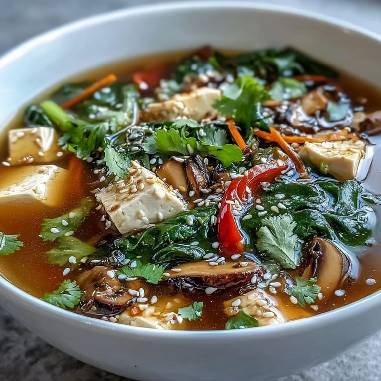A close-up of Tofu and Vegetable Soup showcasing tender bok choy and shiitake mushrooms in broth.