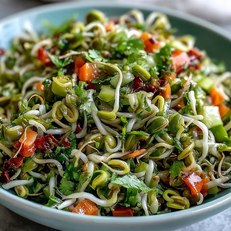 Healthy, no-cook Sprouted Seed Salad served as a light vegan side, featuring bright lemon-olive oil dressing and fresh cilantro.