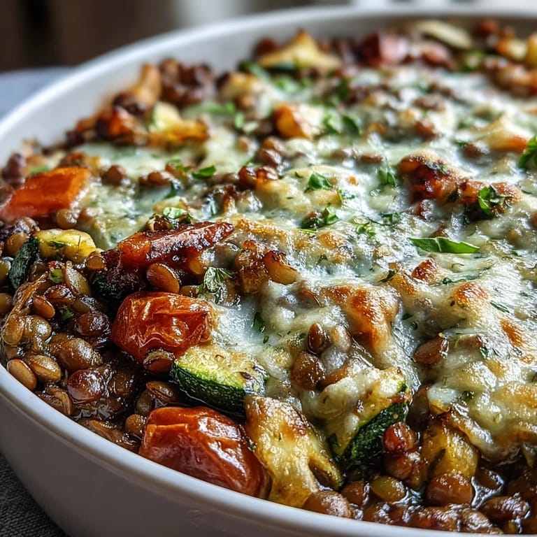 Serving suggestion for Green Lentil and Vegetable Casserole: a hearty scoop of baked lentils and vegetables alongside crusty artisan bread.