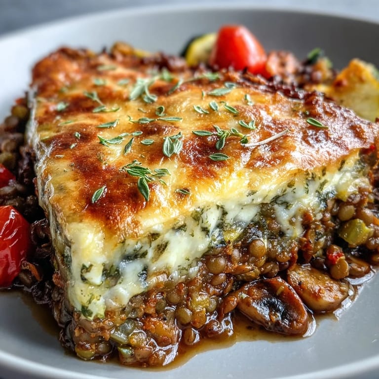 A wholesome Green Lentil and Vegetable Casserole emerges from the oven with a golden, bubbly cheese crust and fresh parsley garnish.