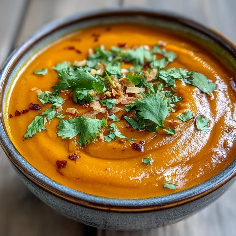 Vibrant Carrot and Coconut Soup with a silky texture, served alongside crusty bread for dipping.