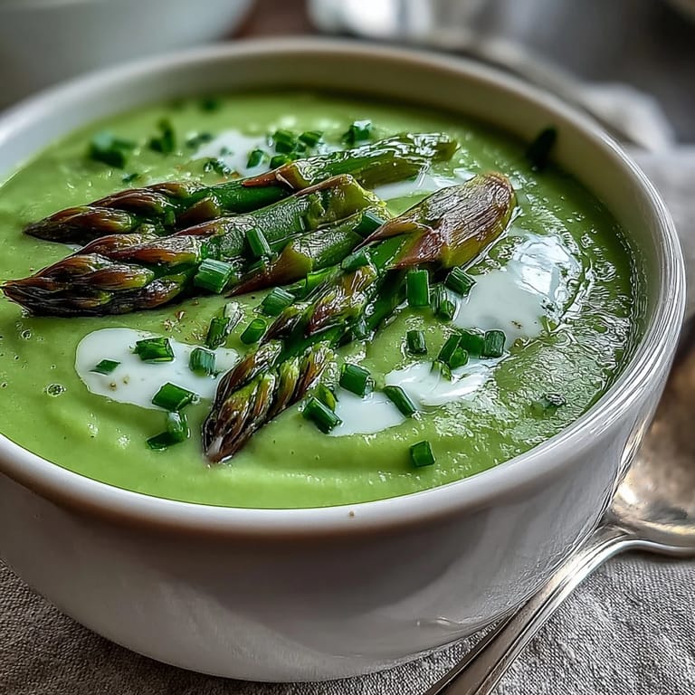 Vibrant green Asparagus Soup with a silky texture, garnished with chives and a lemon wedge for brightness.