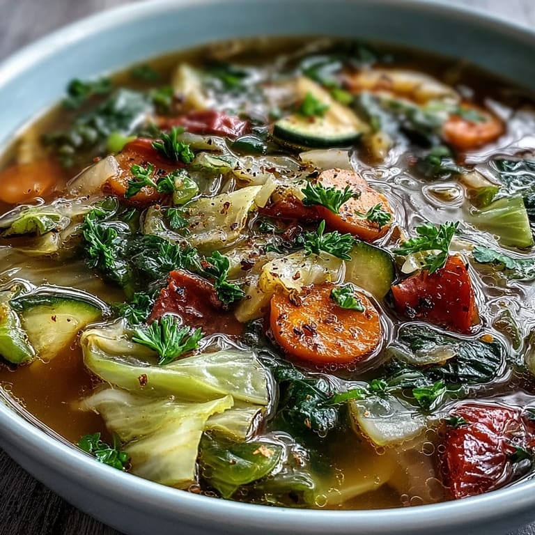 Cabbage Soup simmering in a pot, featuring vibrant vegetables like red bell pepper and zucchini in a rich tomato broth.
