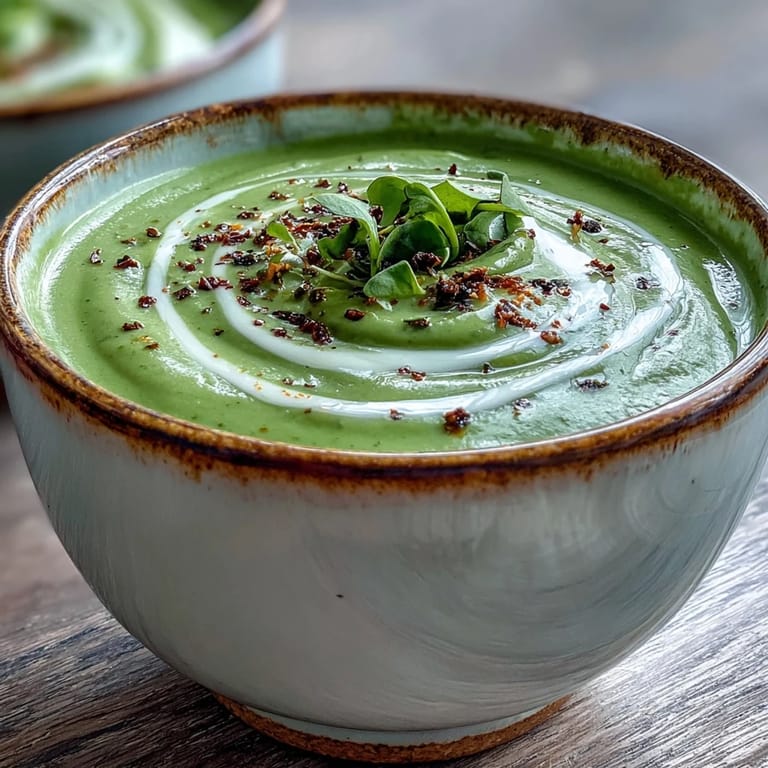 Smooth, vibrant spinach soup with a swirl of cream, perfect starter paired with crusty bread on the side.